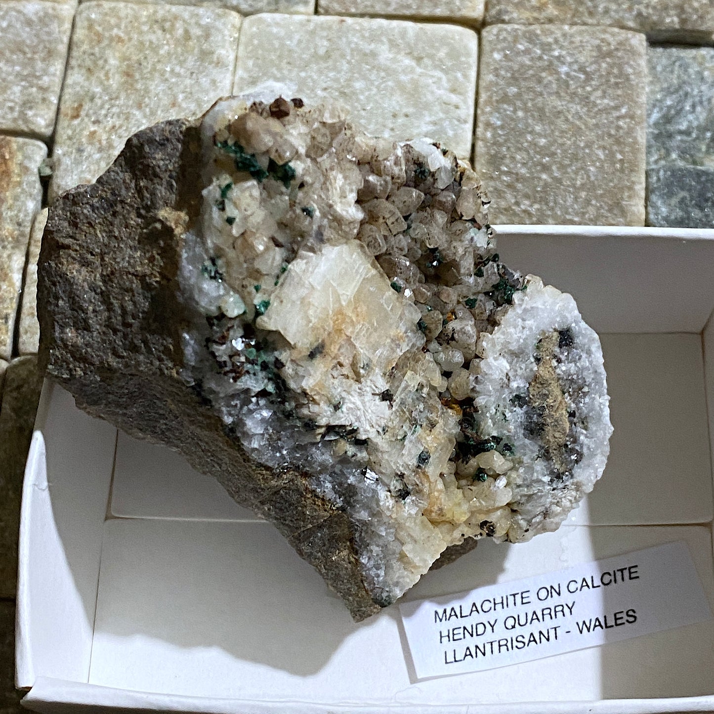 MALACHITE ON CALCITE : HENDY QUARRY, LLANTRISANT, WALES. 80g MF4605