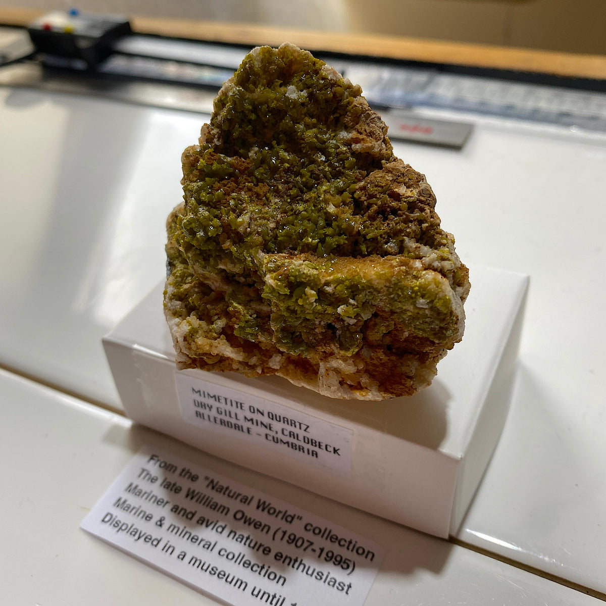 MIMETITE ON QUARTZ : DRY GILL MINE, CALDBECK, CUMBRIA. 130g. MF5353