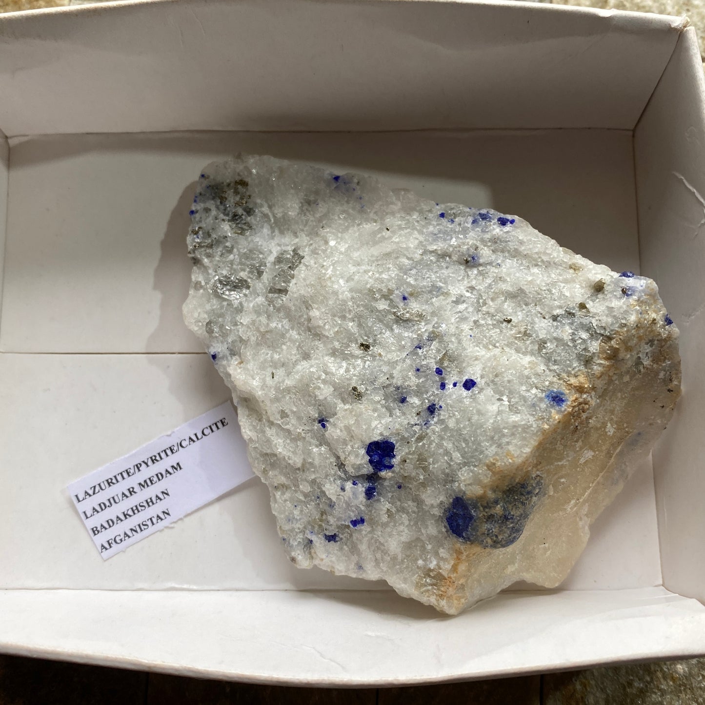 LAZURITE WITH PYRITE & CALCITE - LADJUAR MEDAM, AFGHANISTAN 162g MF1024