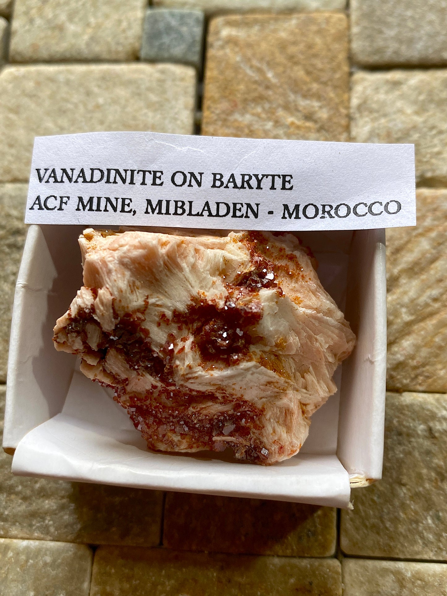 VANADINITE ON BARYTE : ACFMINE, MIBLADEN, MOROCCO. 36g MF5037