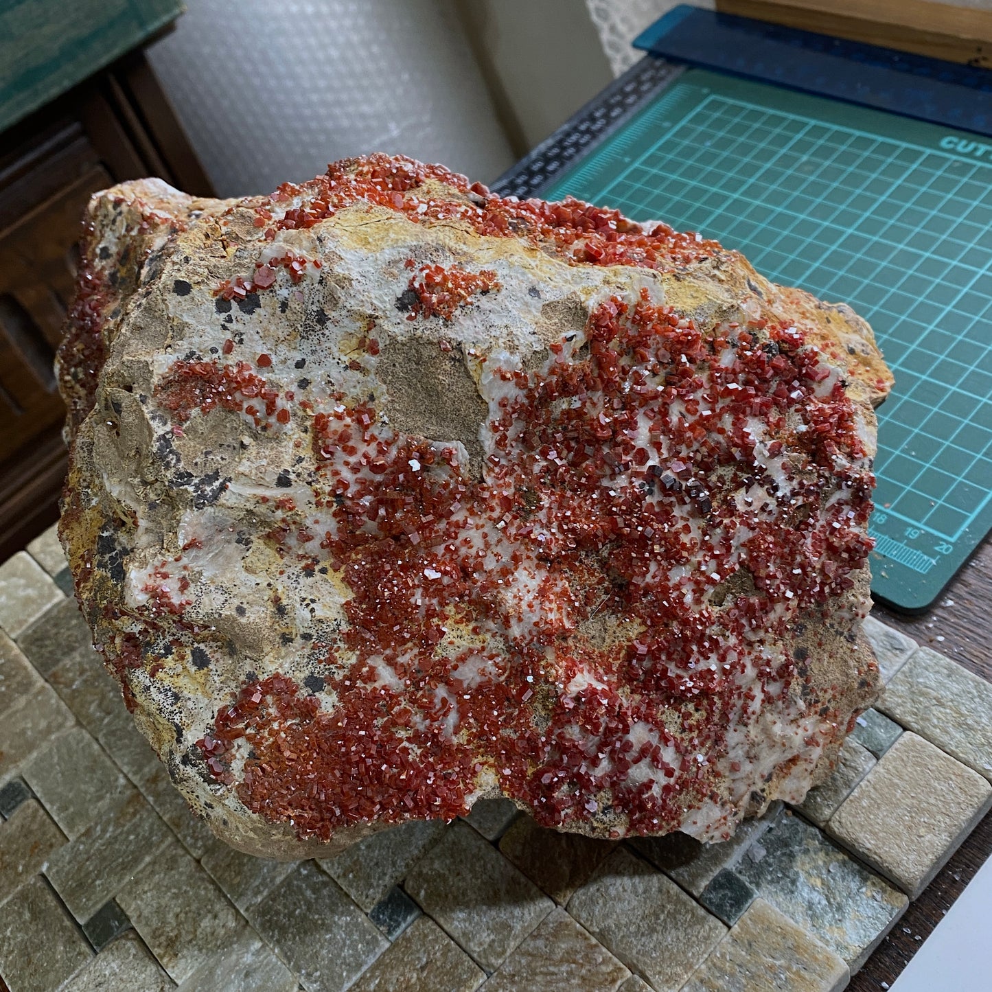 VANADINITE ON CALCITE - MIBLADEN MINING DISTRICT, MOROCCO MASSIVE 5.4kg MF4152