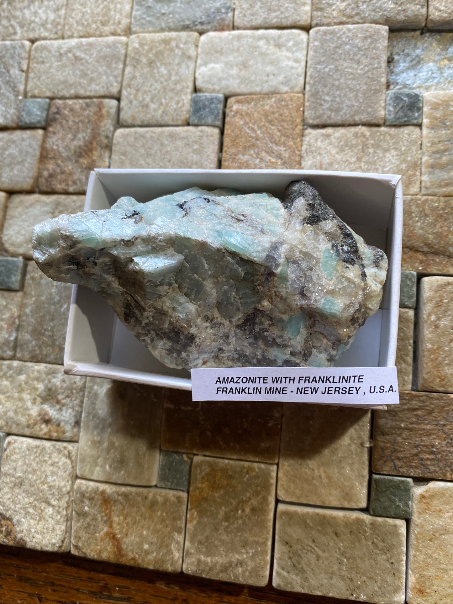AMAZONITE WITH FRANKLINITE : FRANKLIN MINE, SUSSEX COUNTY, NEW JERSEY, U.S.A. 128g. MF5109