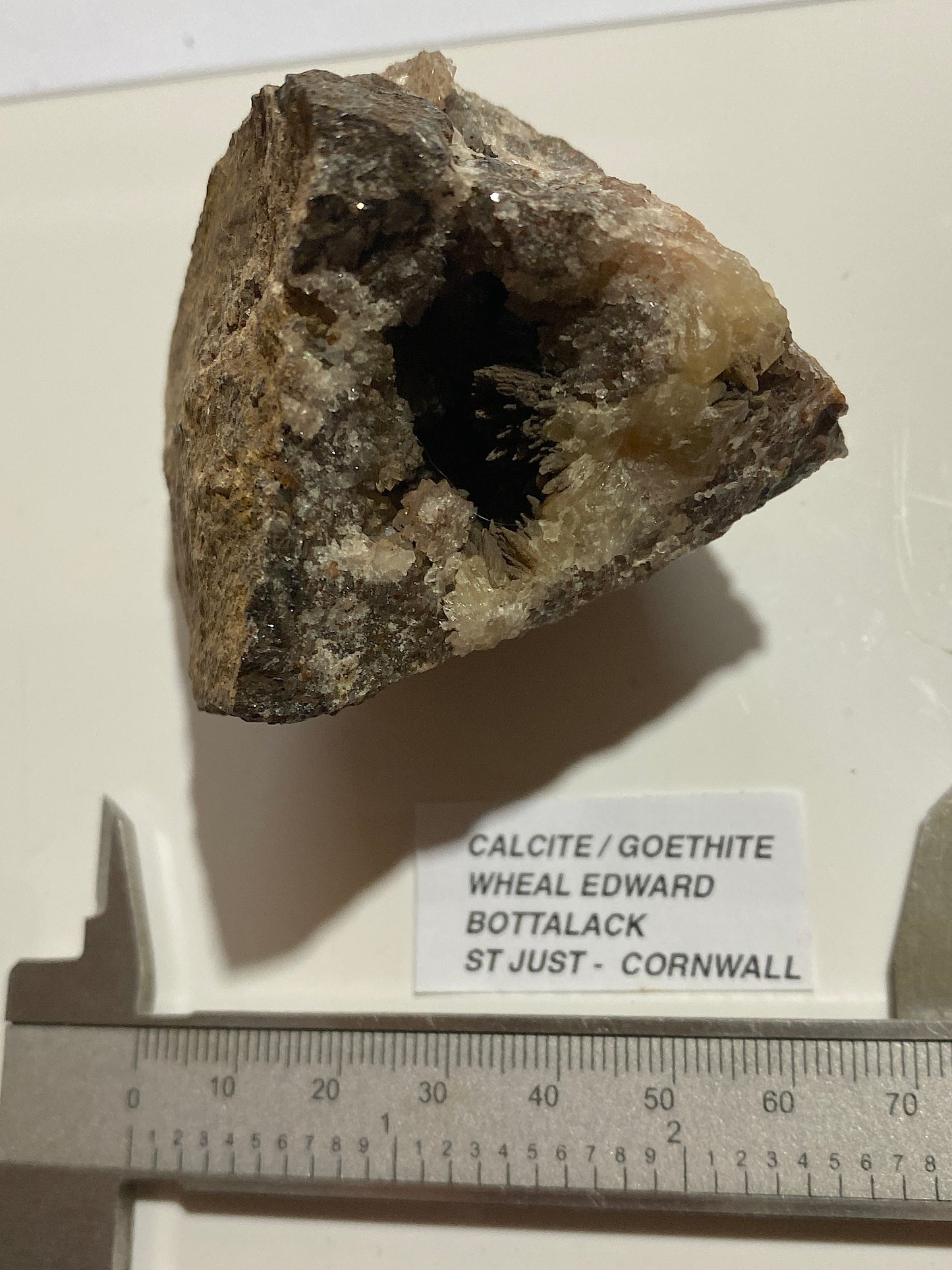 CALCITE/GOETHITE VUG : WHEAL EDWARD, BOTALLACK, ST JUST, CORNWALL. 182g. MF5123