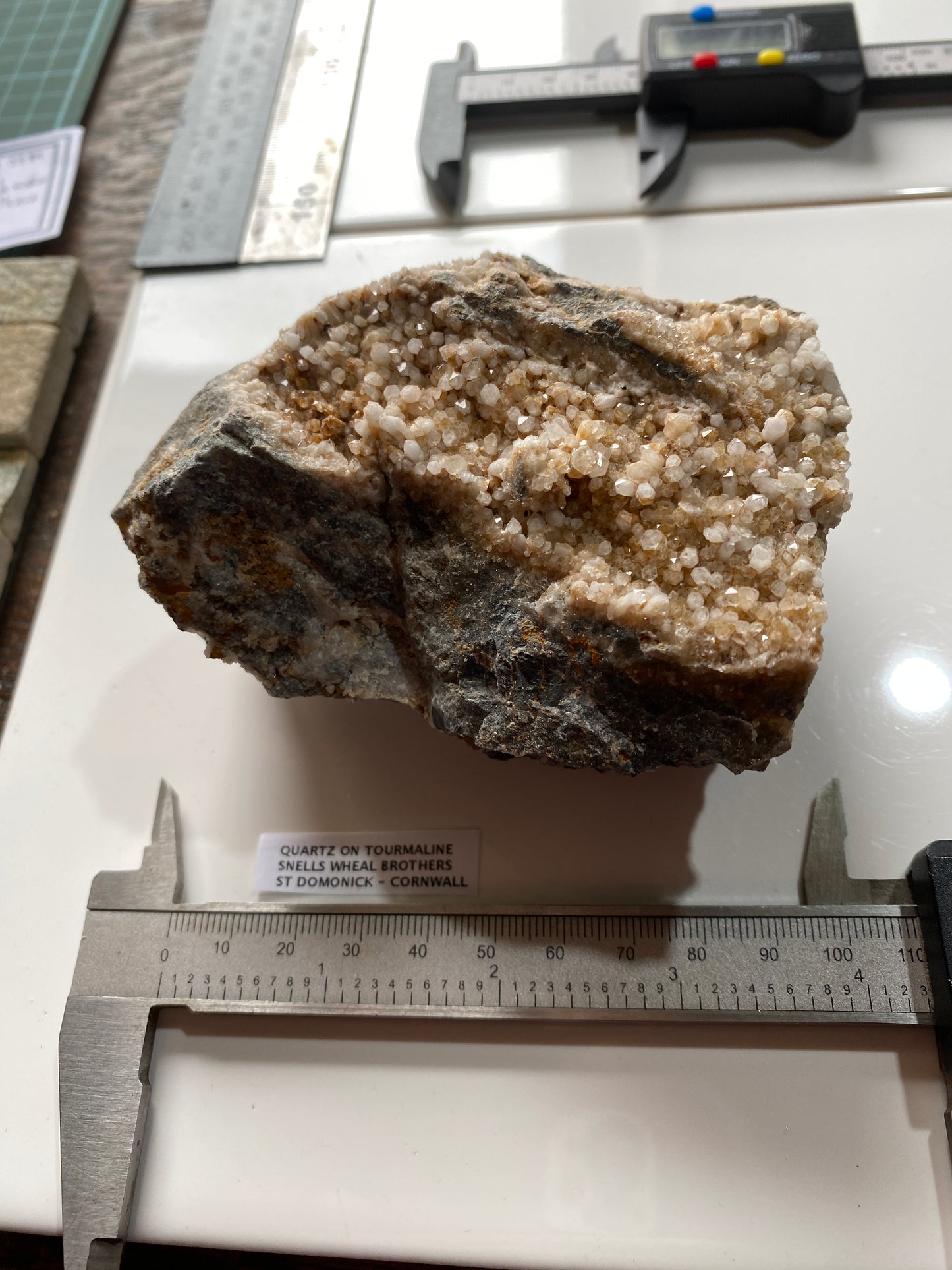 QUARTZ CRYSTALS ON TOURMALINE : SNELLS WHEAL BROTHERS, ST DOMONICK, CORNWALL. 565g MF5140