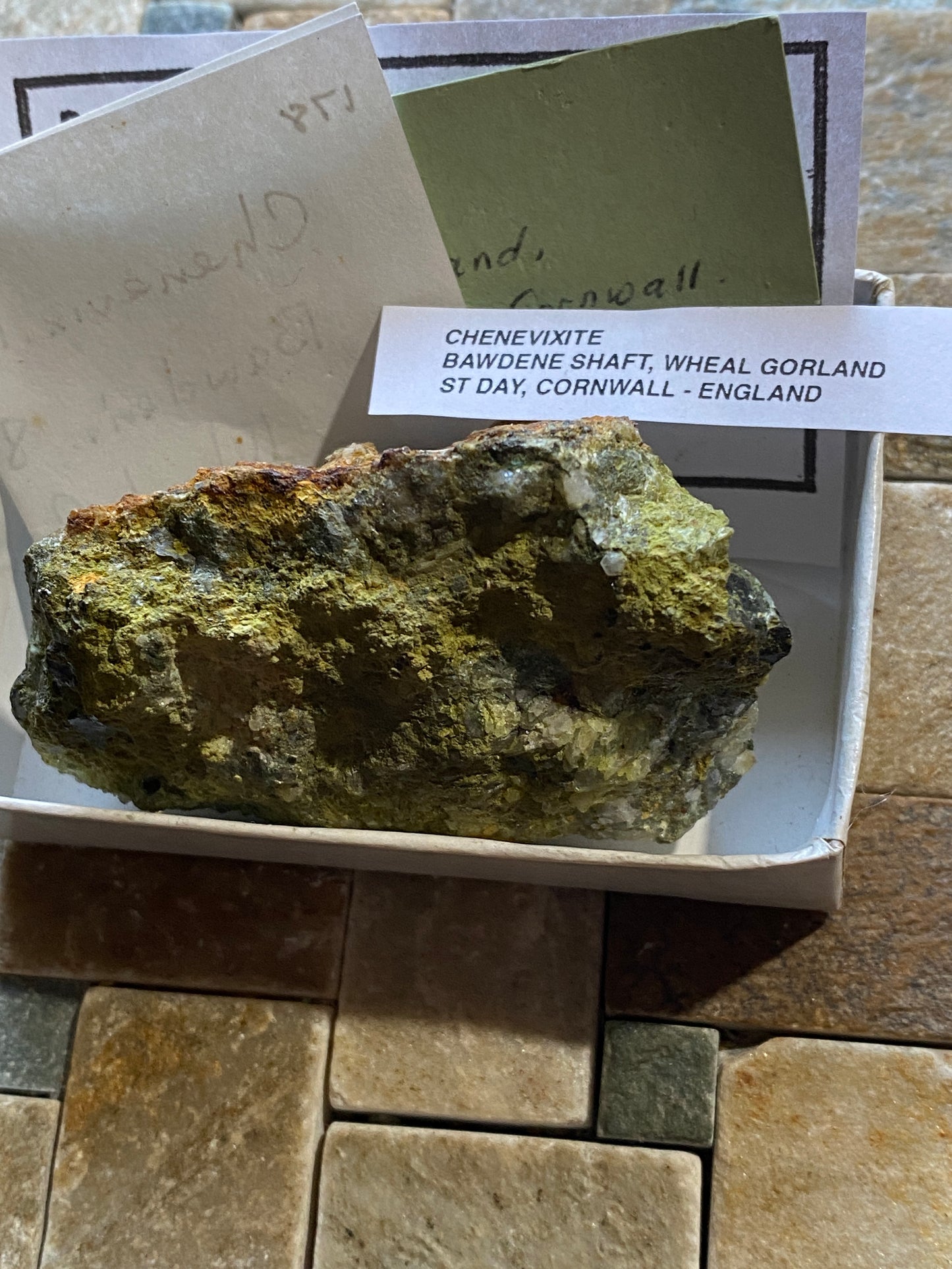 CHENEVIXITE : BAWDENE SHAFT, WHEAL GARLAND, ST DAY, CORNWALL 110g MF5152