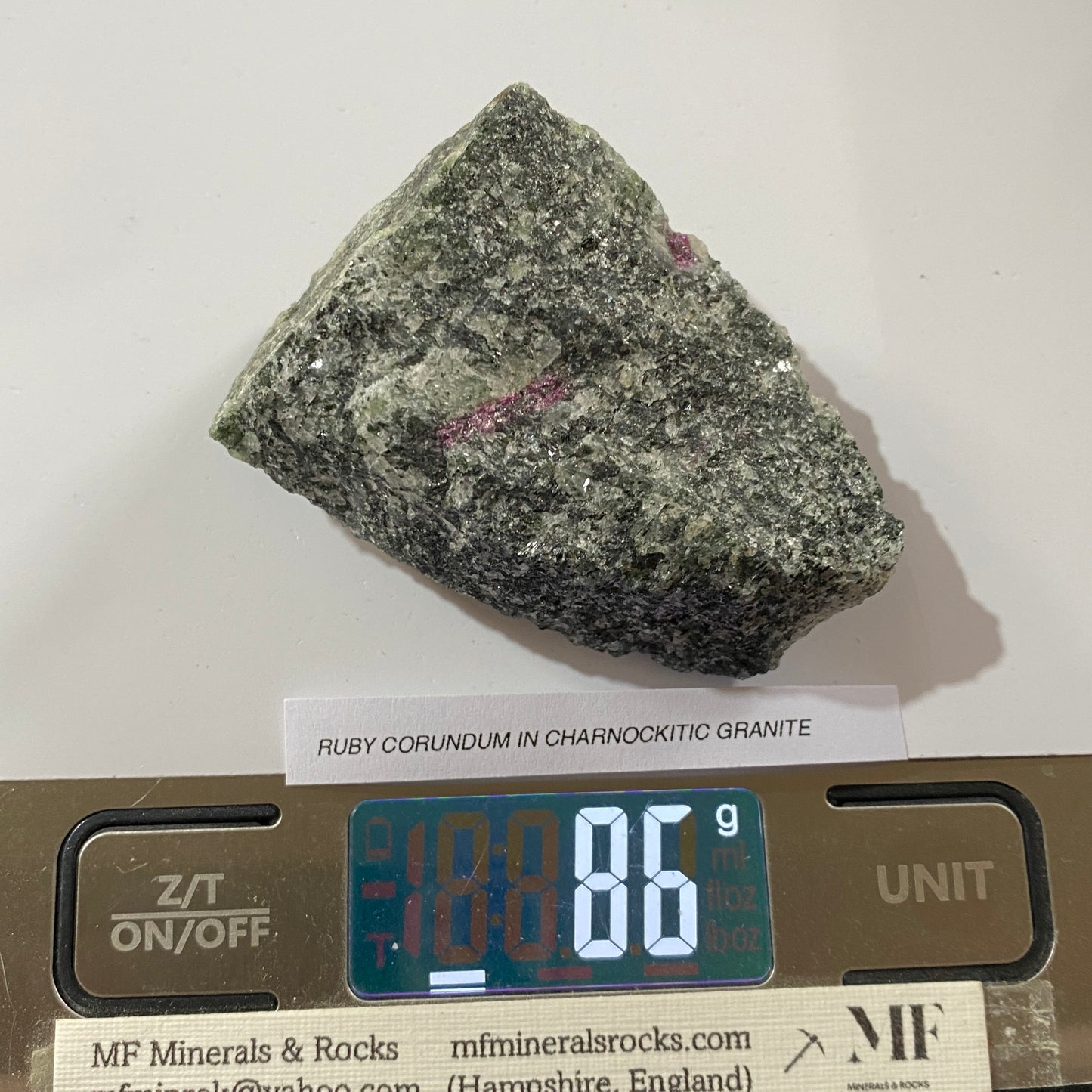 RUBY CORUNDUM [ETC] IN CHARNOCKITIC "GRANITE" : KARNATAKA, INDIA 86g MF4554