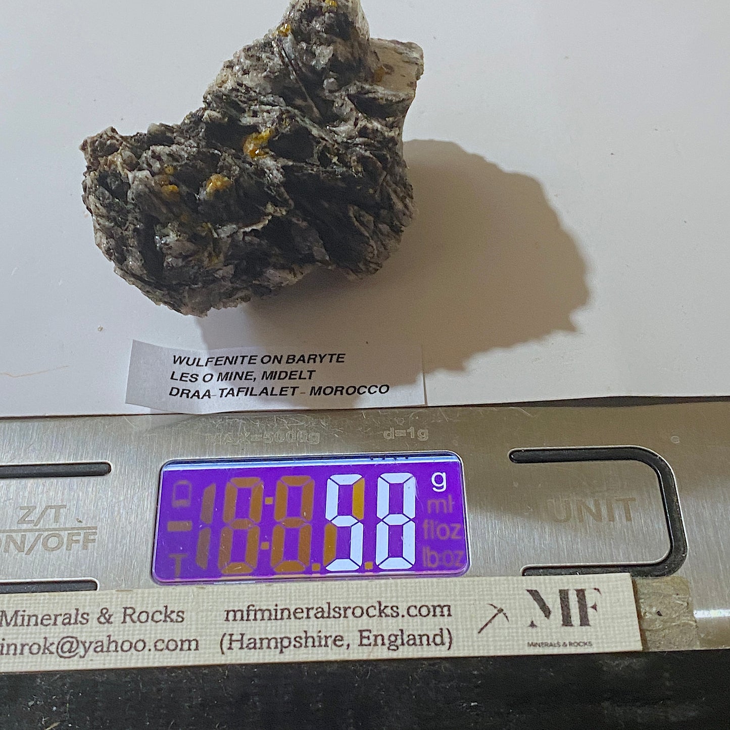 WULFENITE [ETC] ON BARYTE : LES O MINE, DRAA-TAFILALET, MOROCCO. 58g MF5196