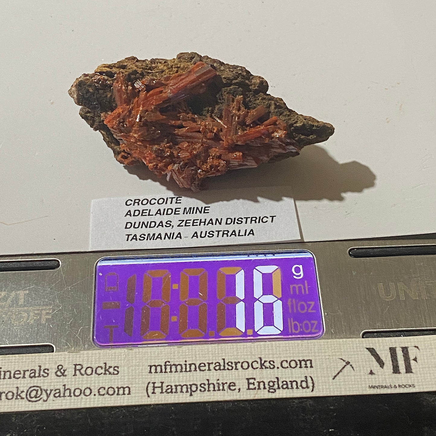 CROCOITE : ADELAIDE MINE, DUNDAS, ZEEHAN, TASMANIA, AUSTRALIA 18g MF5204