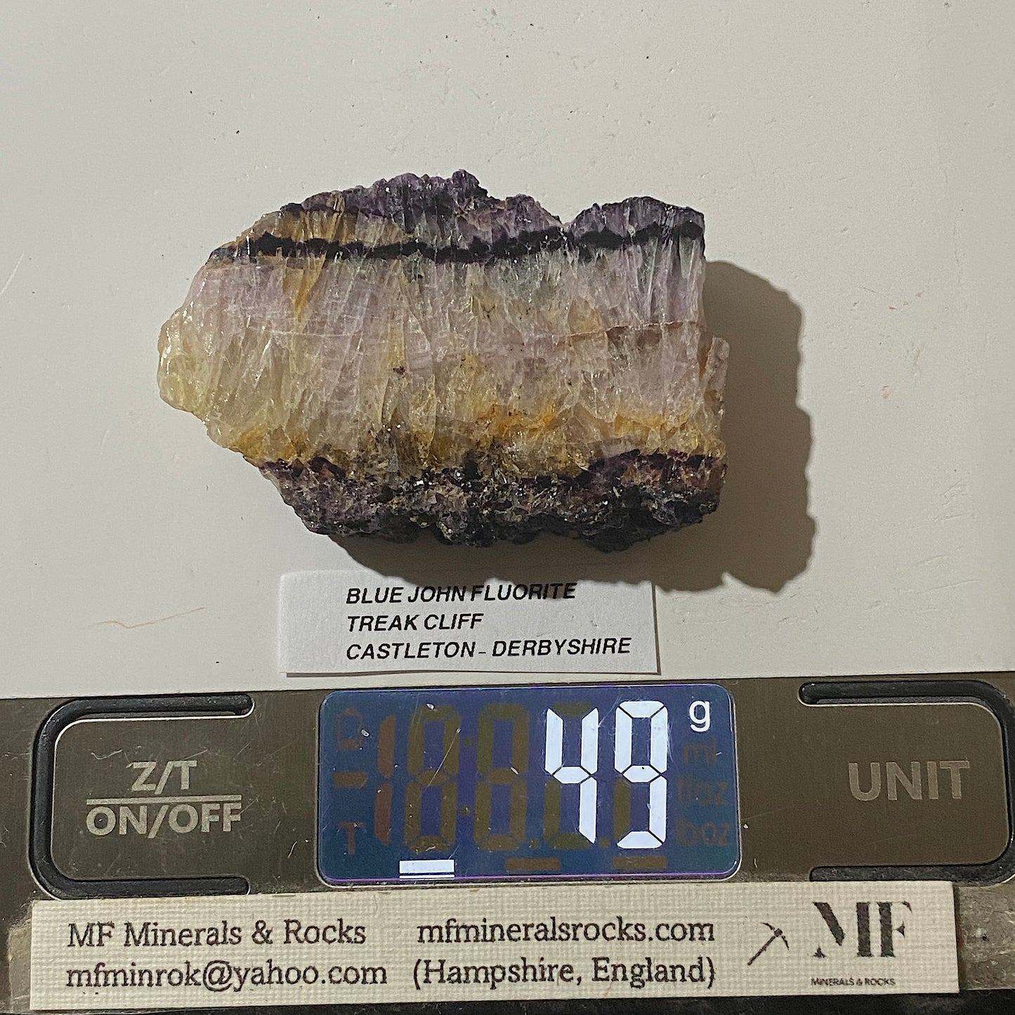 BLUE JOHN FLUORITE : TREAK CLIFF, CASTLETON, DERBYSHIRE  49g MF5205