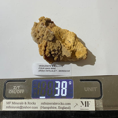 VANADINITE/CALCITE [ETC] : FOUR MAN MINE, DRAA-TAFILALET, MOROCCO. 38g MF5220