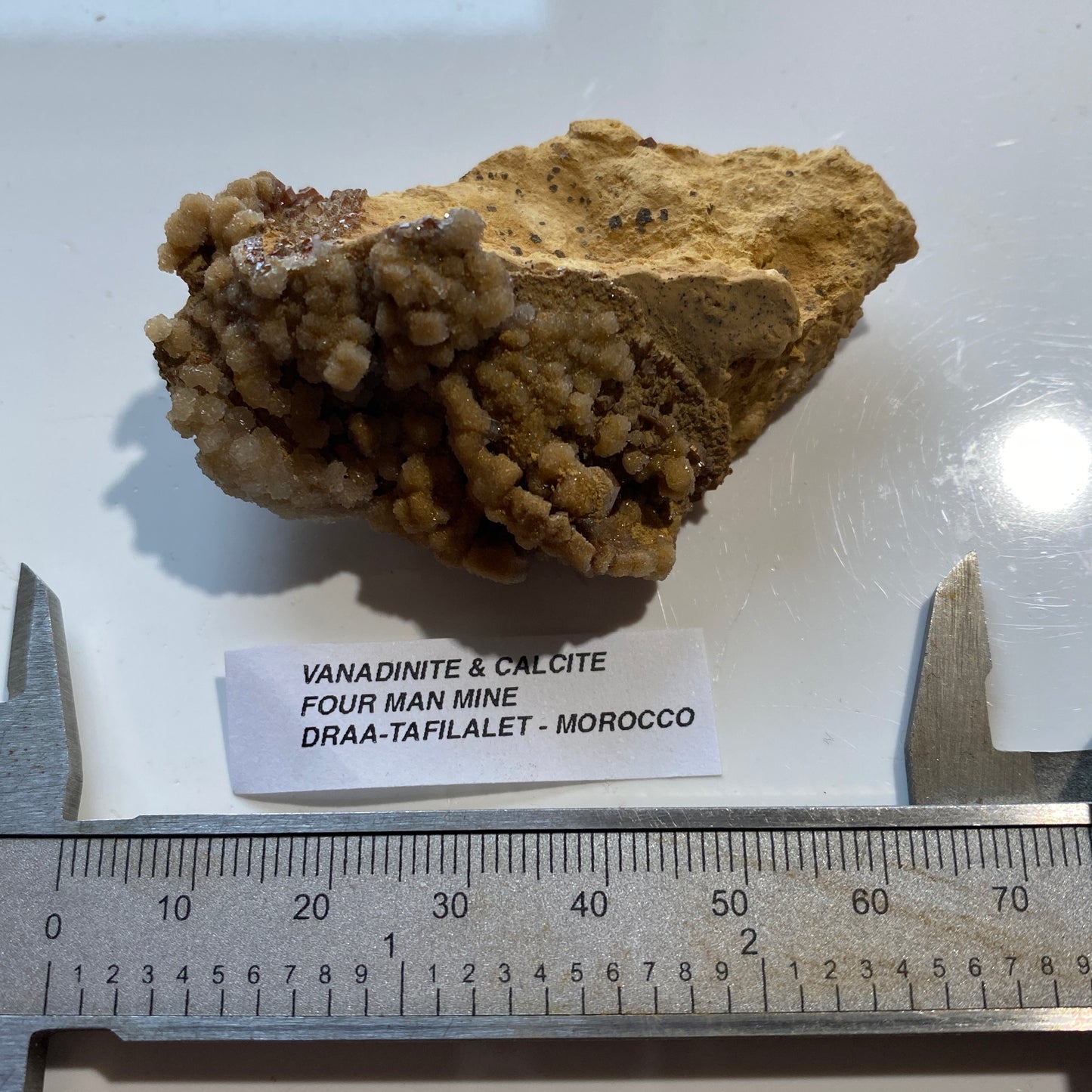 VANADINITE/CALCITE [ETC] : FOUR MAN MINE, DRAA-TAFILALET, MOROCCO. 38g MF5220
