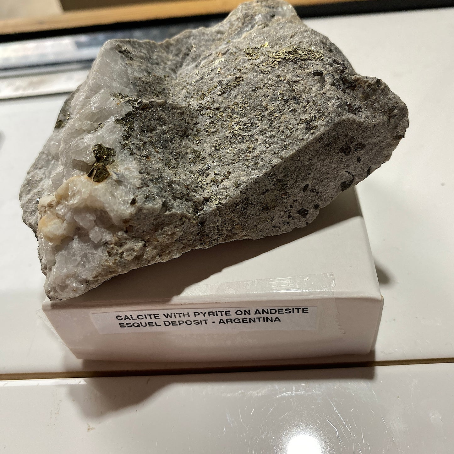 CALCITE WITH PYRITE ON ANDESITE : RARE SPECIMEN - ESQUEL DEPOSIT, CHUBUT PROV., ARGENTINA 286g MF5243