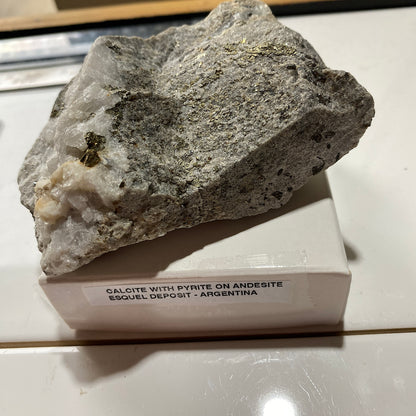 CALCITE WITH PYRITE ON ANDESITE : RARE SPECIMEN - ESQUEL DEPOSIT, CHUBUT PROV., ARGENTINA 286g MF5243