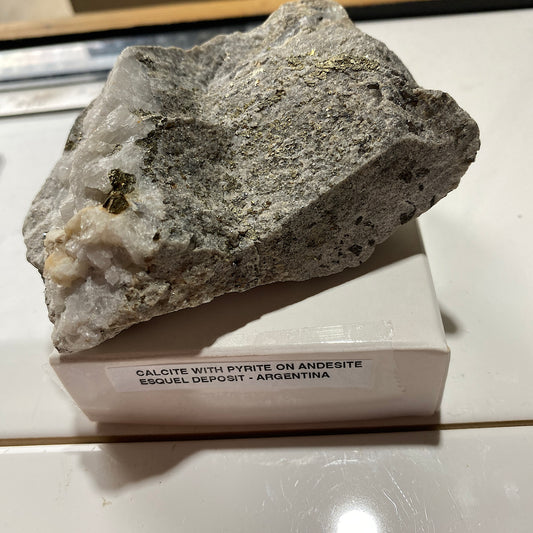 CALCITE WITH PYRITE ON ANDESITE : RARE SPECIMEN - ESQUEL DEPOSIT, CHUBUT PROV., ARGENTINA 286g MF5243