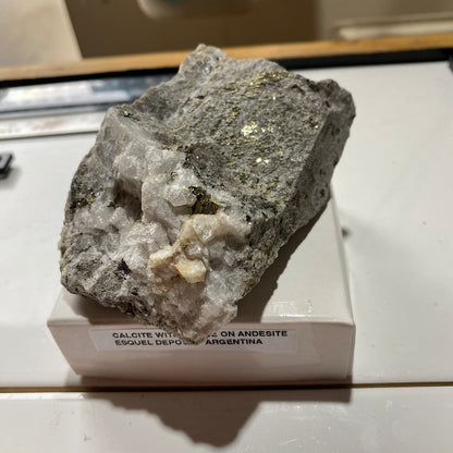 CALCITE WITH PYRITE ON ANDESITE : RARE SPECIMEN - ESQUEL DEPOSIT, CHUBUT PROV., ARGENTINA 286g MF5243