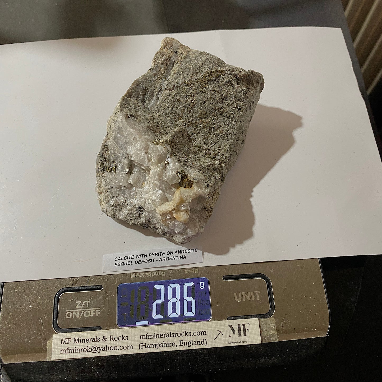 CALCITE WITH PYRITE ON ANDESITE : RARE SPECIMEN - ESQUEL DEPOSIT, CHUBUT PROV., ARGENTINA 286g MF5243