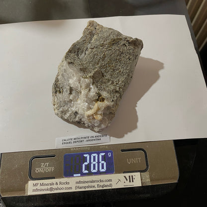 CALCITE WITH PYRITE ON ANDESITE : RARE SPECIMEN - ESQUEL DEPOSIT, CHUBUT PROV., ARGENTINA 286g MF5243