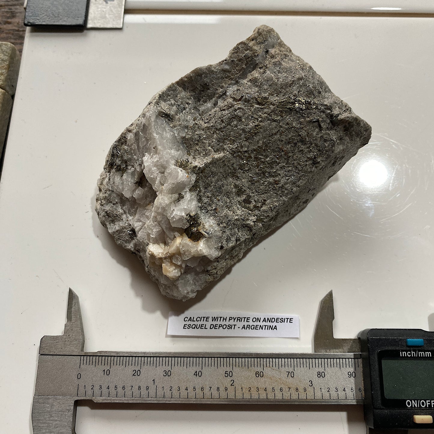 CALCITE WITH PYRITE ON ANDESITE : RARE SPECIMEN - ESQUEL DEPOSIT, CHUBUT PROV., ARGENTINA 286g MF5243