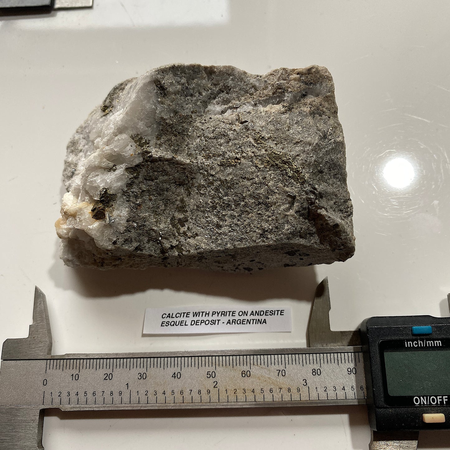 CALCITE WITH PYRITE ON ANDESITE : RARE SPECIMEN - ESQUEL DEPOSIT, CHUBUT PROV., ARGENTINA 286g MF5243