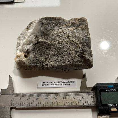 CALCITE WITH PYRITE ON ANDESITE : RARE SPECIMEN - ESQUEL DEPOSIT, CHUBUT PROV., ARGENTINA 286g MF5243