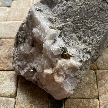 CALCITE WITH PYRITE ON ANDESITE : RARE SPECIMEN - ESQUEL DEPOSIT, CHUBUT PROV., ARGENTINA 286g MF5243