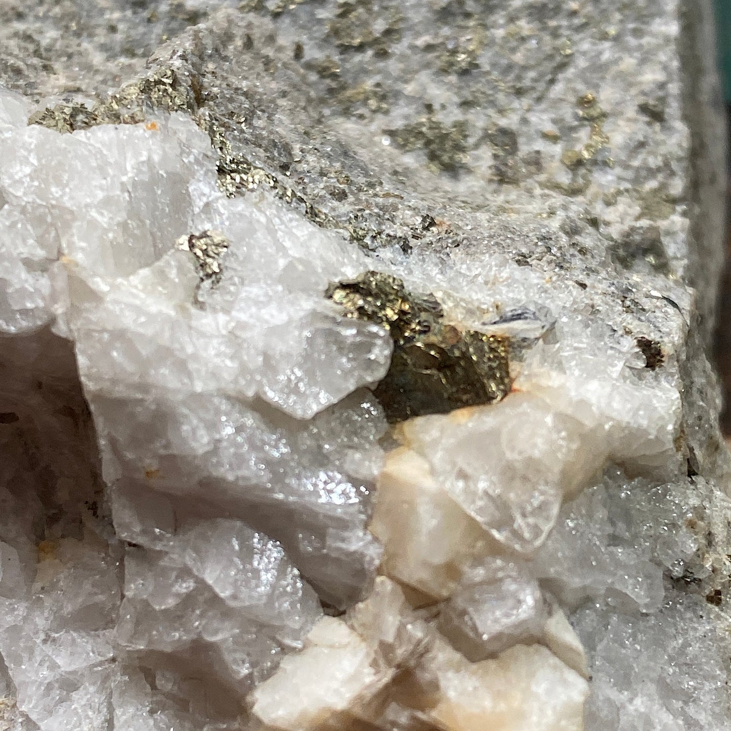 CALCITE WITH PYRITE ON ANDESITE : RARE SPECIMEN - ESQUEL DEPOSIT, CHUBUT PROV., ARGENTINA 286g MF5243