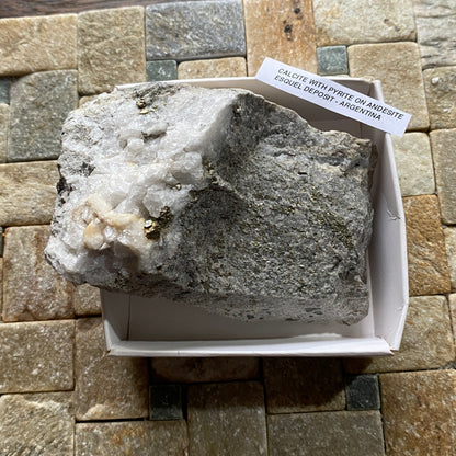 CALCITE WITH PYRITE ON ANDESITE : RARE SPECIMEN - ESQUEL DEPOSIT, CHUBUT PROV., ARGENTINA 286g MF5243