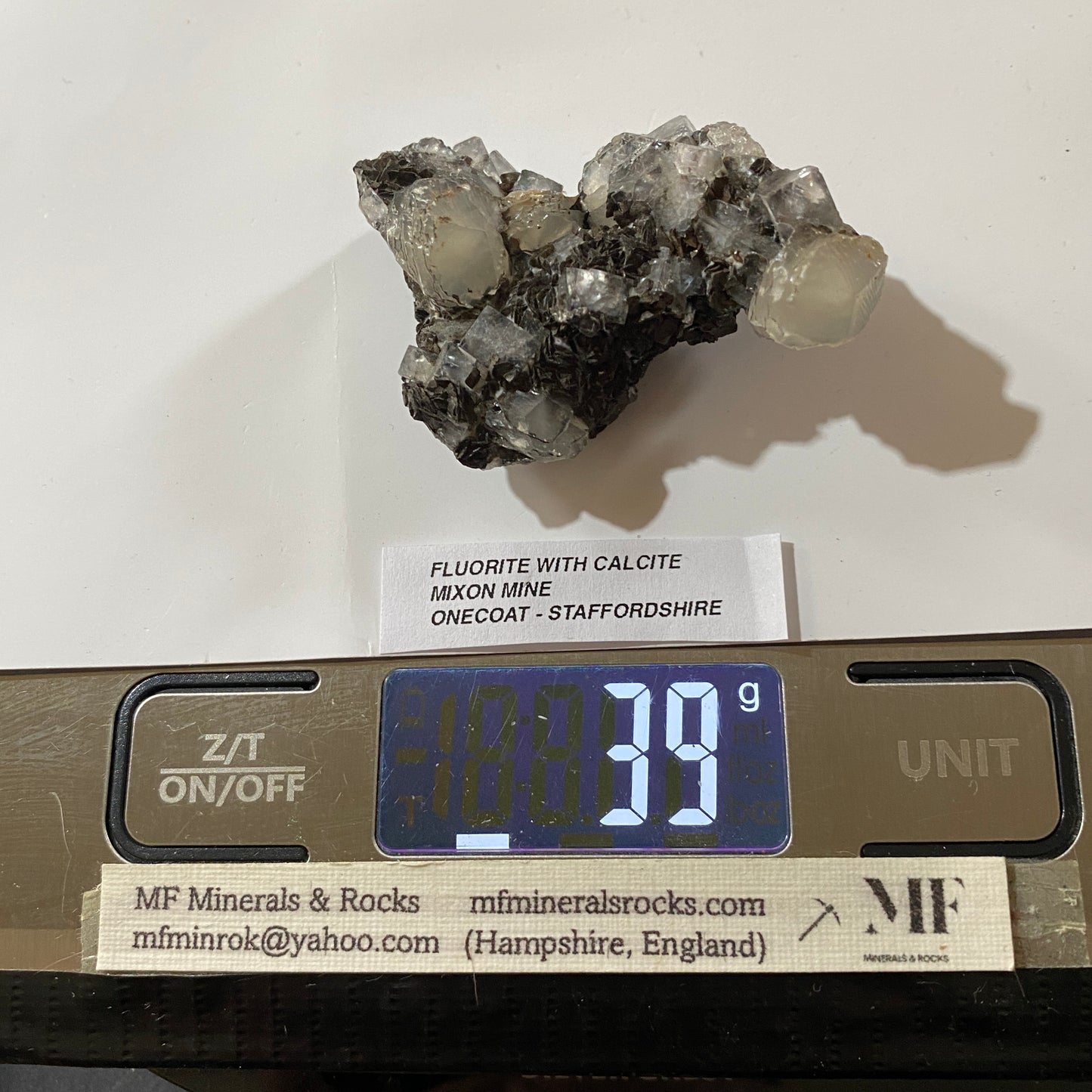 FLUORITE WITH CALCITE [ETC] : RARE SPECIMEN FROM MIXON MINE, STAFFORDSHIRE 39g MF5256