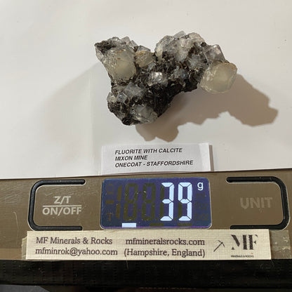 FLUORITE WITH CALCITE [ETC] : RARE SPECIMEN FROM MIXON MINE, STAFFORDSHIRE 39g MF5256