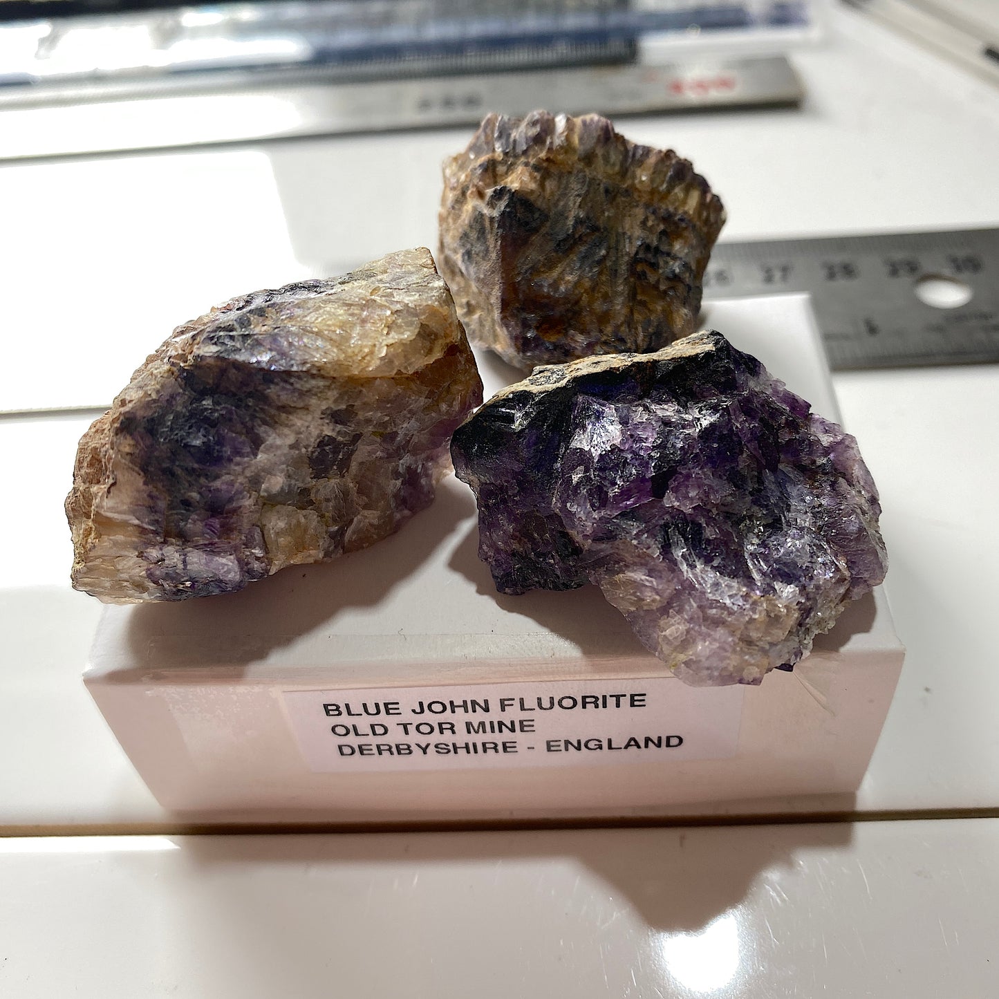 "BLUE JOHN" FLUORITE x 3 ROUGH SPECIMENS: OLD TOR MINE, DERBYSHIRE MF5260