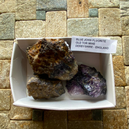 "BLUE JOHN" FLUORITE x 3 ROUGH SPECIMENS: OLD TOR MINE, DERBYSHIRE MF5260
