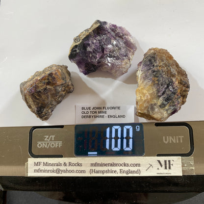 "BLUE JOHN" FLUORITE x 3 ROUGH SPECIMENS: OLD TOR MINE, DERBYSHIRE MF5260