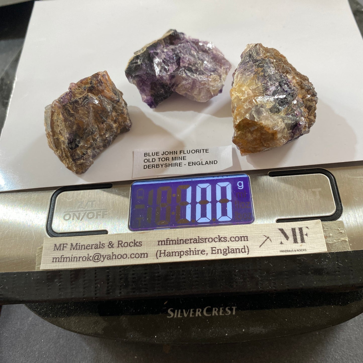 "BLUE JOHN" FLUORITE x 3 ROUGH SPECIMENS: OLD TOR MINE, DERBYSHIRE MF5260