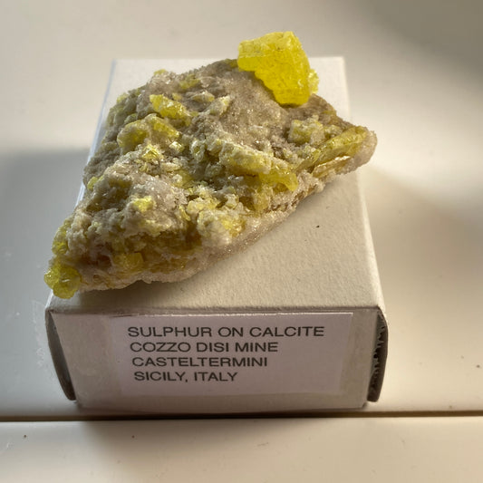 SULPHUR ON CALCITE FROM COZZO DISI MINE, SICILY  47g MF2073