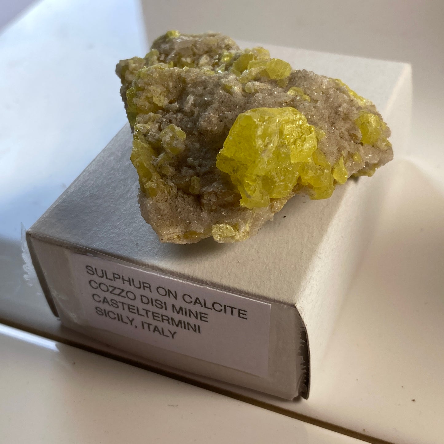 SULPHUR ON CALCITE FROM COZZO DISI MINE, SICILY  47g MF2073