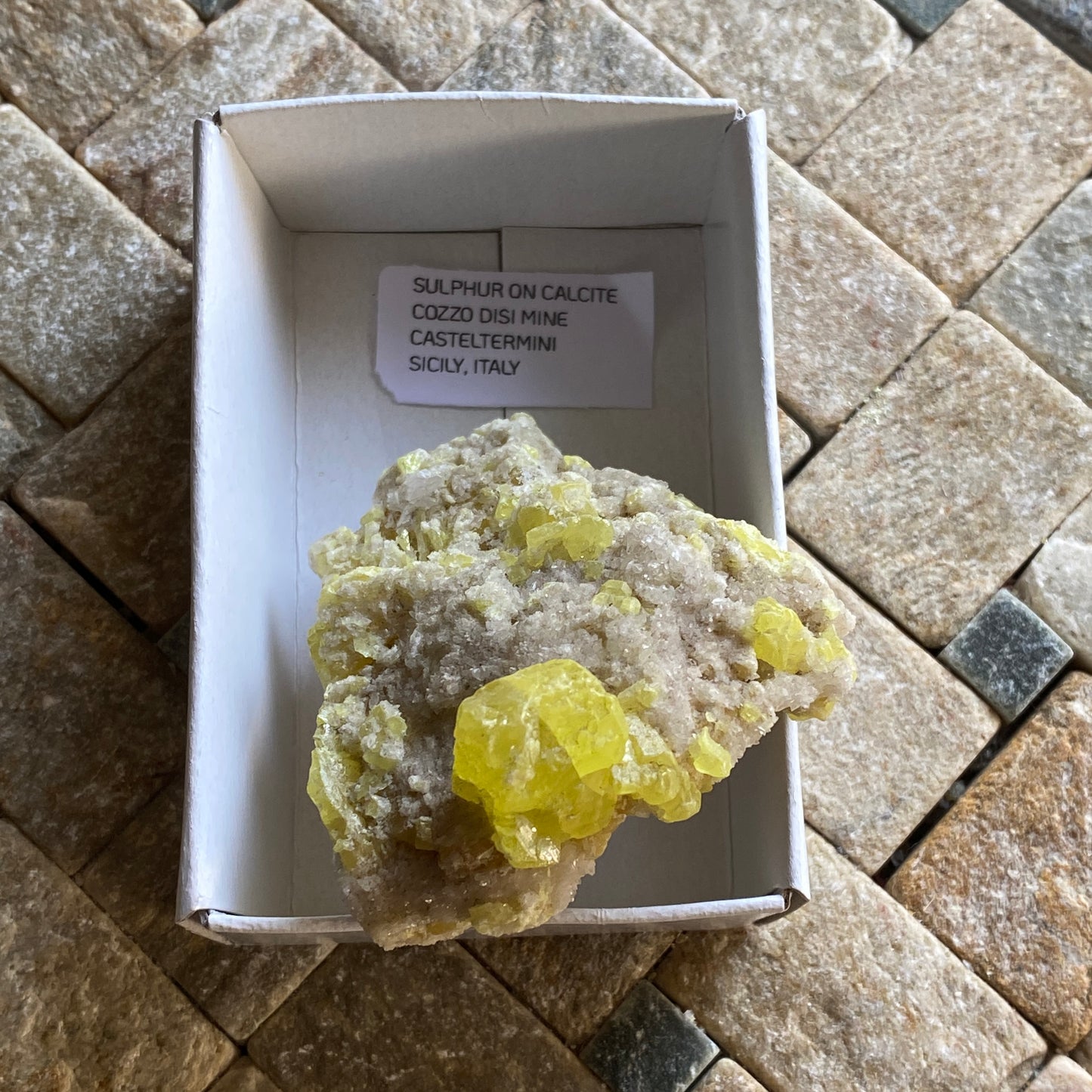 SULPHUR ON CALCITE FROM COZZO DISI MINE, SICILY  47g MF2073