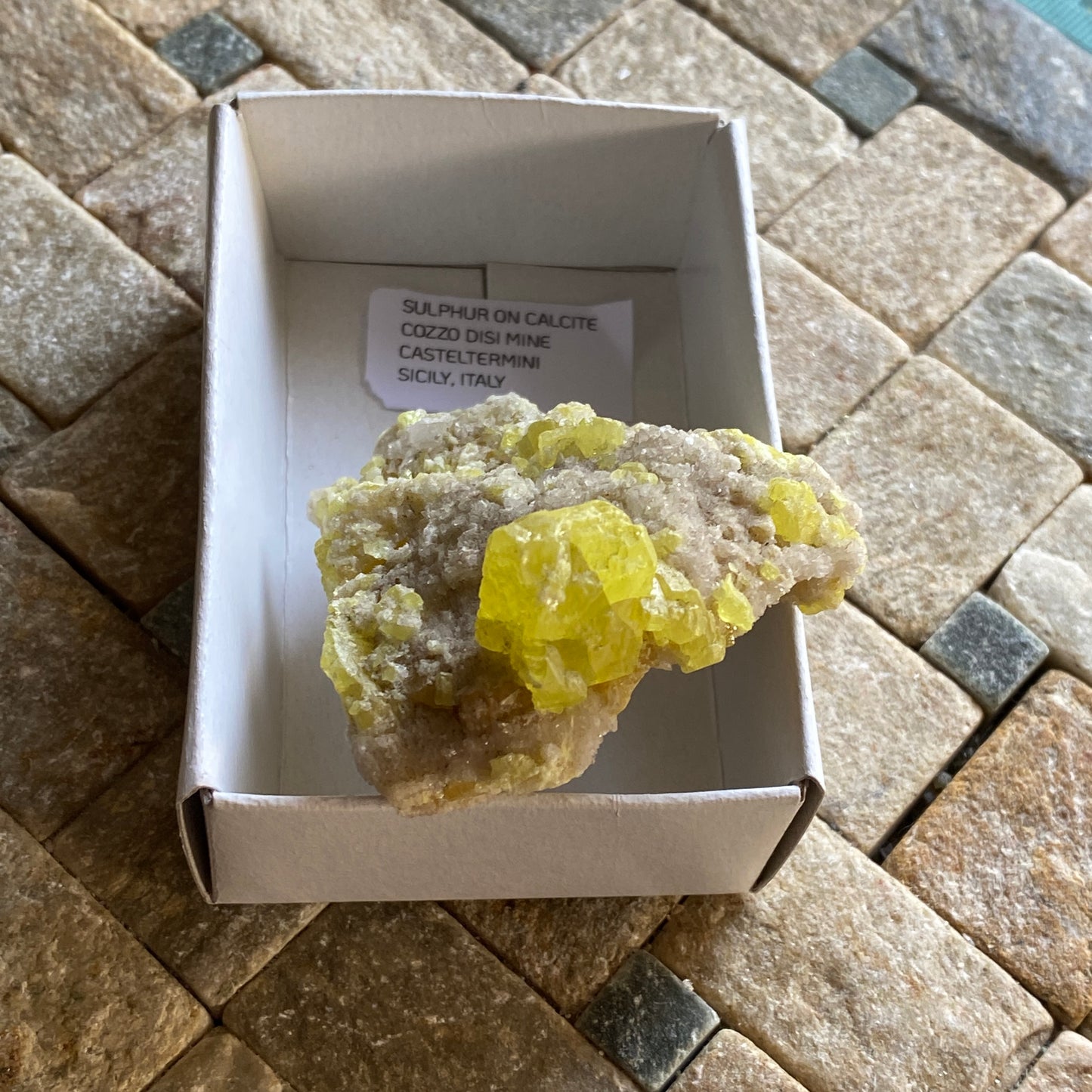 SULPHUR ON CALCITE FROM COZZO DISI MINE, SICILY  47g MF2073