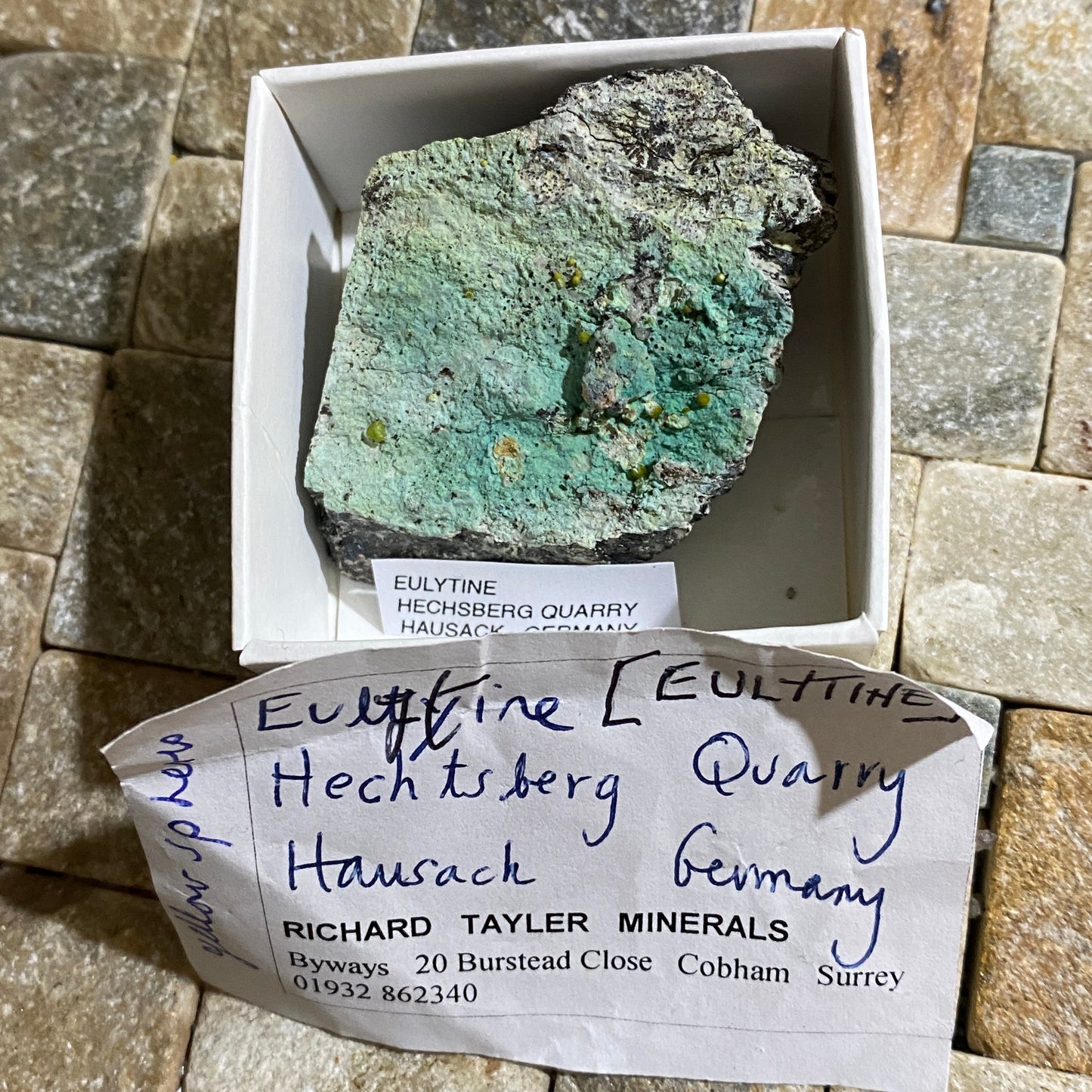EULYTINE [EULYTITE] ON CHRYSOCOLLA [ETC] : HECHTSBERG QUARRY, HAUSACH, GERMANY 52g MF4640