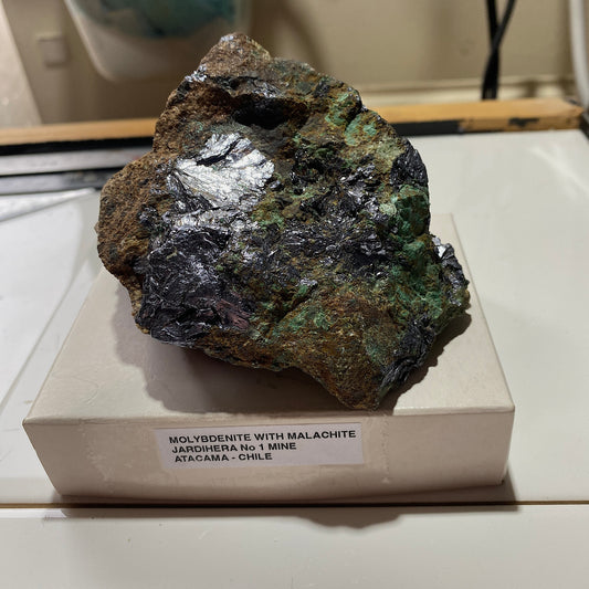 MOLYBDENITE WITH MALACHITE : JARDIHERA MINE No 1, ATACAMA, CHILE  412g MF4603