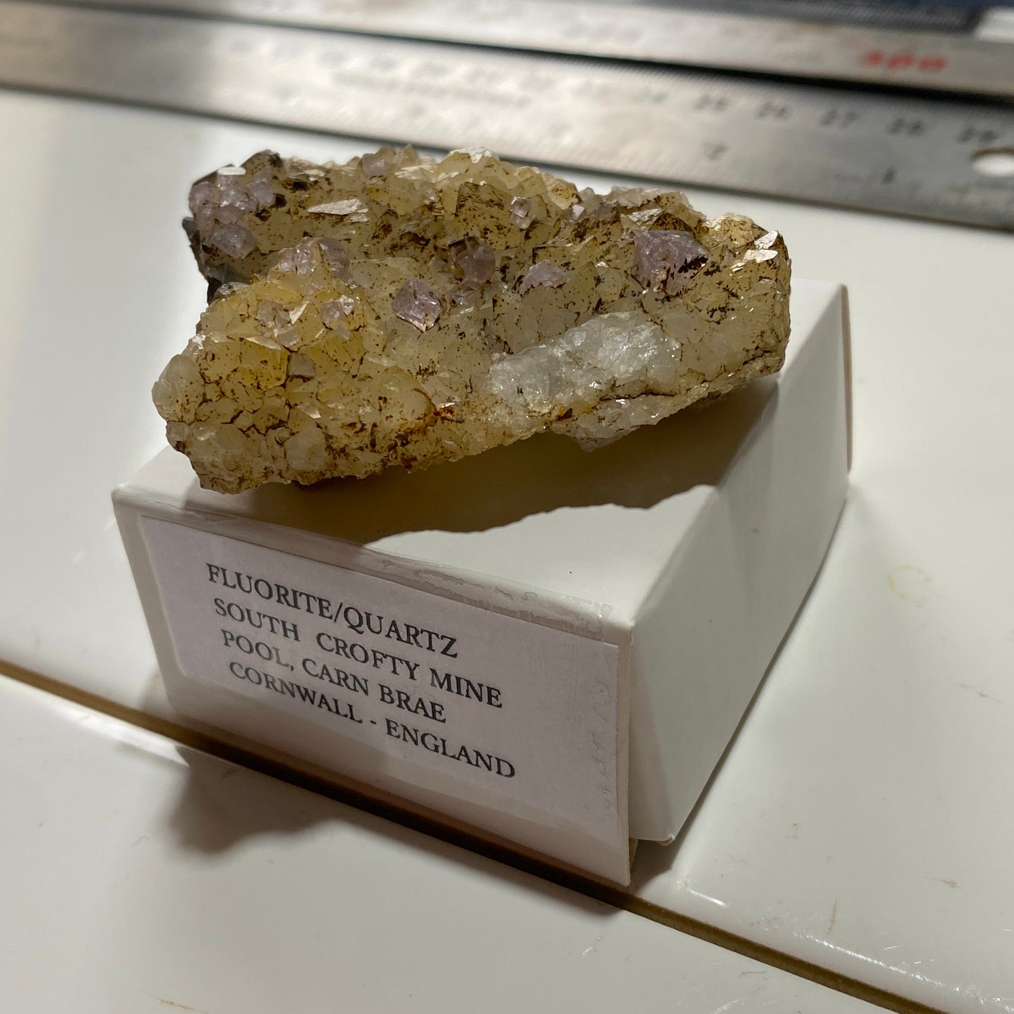 FLUORITE/QUARTZ : SOUTH CROFTY MINE, POOL, CARN BRAE, CORNWALL 46g. MF5292