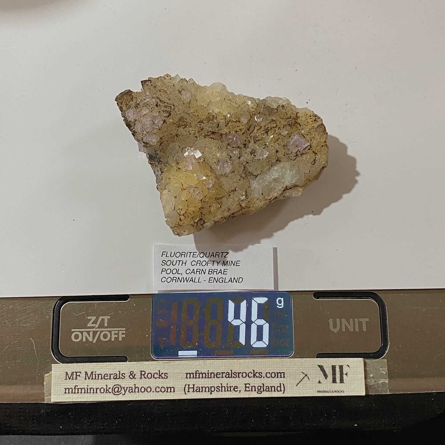 FLUORITE/QUARTZ : SOUTH CROFTY MINE, POOL, CARN BRAE, CORNWALL 46g. MF5292