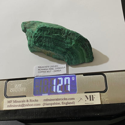 SOLID MALACHITE : CHINGOLA MINING DISTRICT, COPPER BELT, ZAMBIA. 127g MF5325
