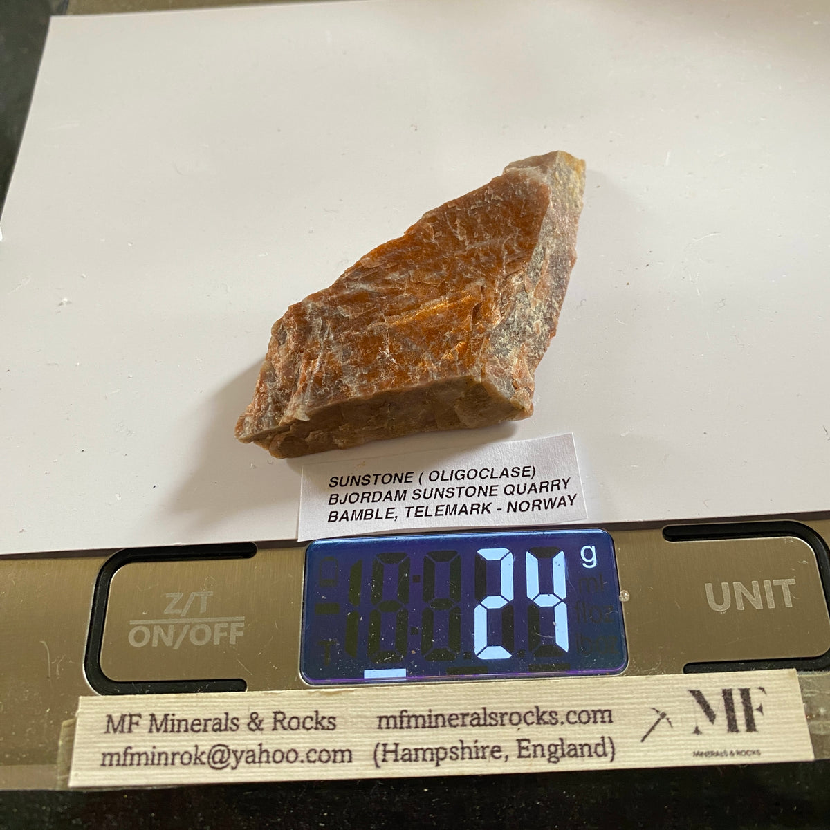 SUNSTONE [OLIGOCLASE] : BJORDAN SUNSTONE QUARRY, BAMBLE, TELEMARK, NORWAY. 24g MF5339
