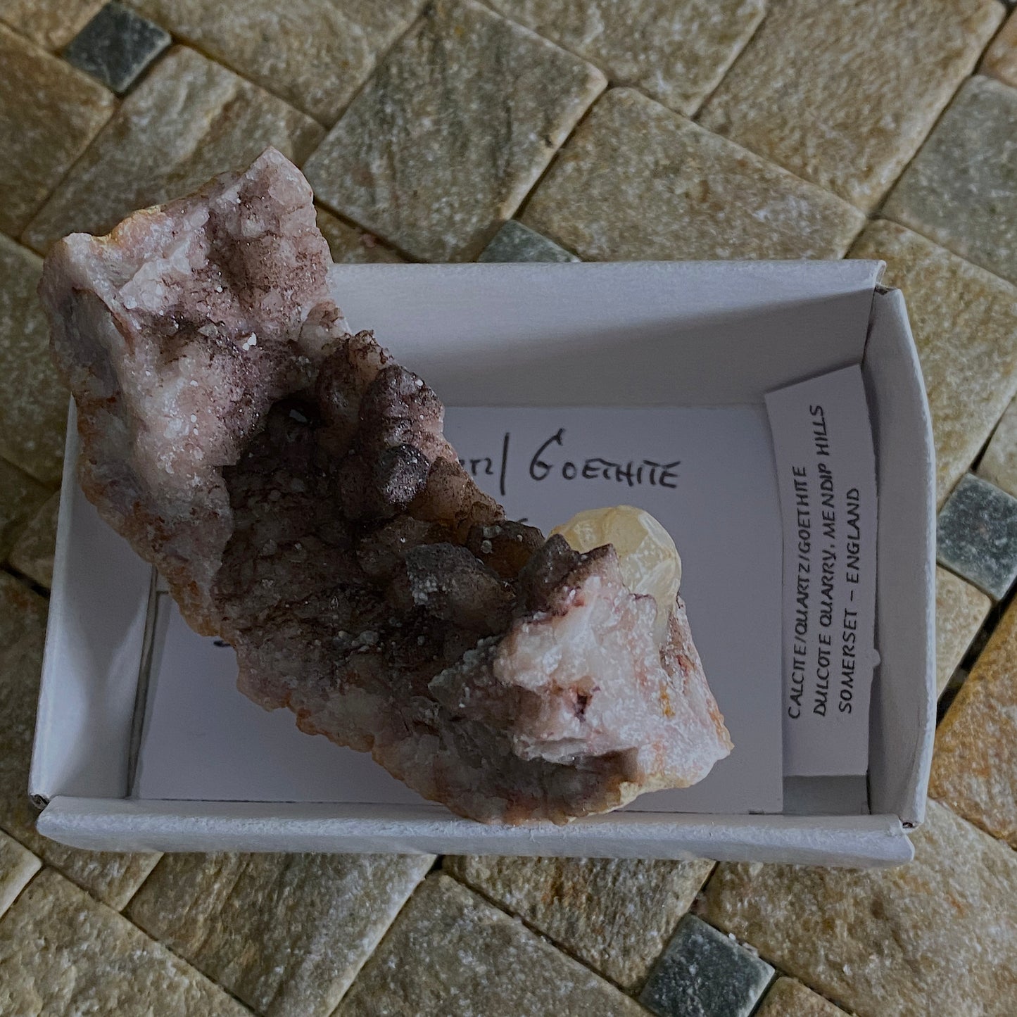 CALCITE WITH QUARTZ & GOETHITE - DULCOTE QUARRY, MENDIP HILLS, SOMERSET, ENGLAND. 56g MF6325