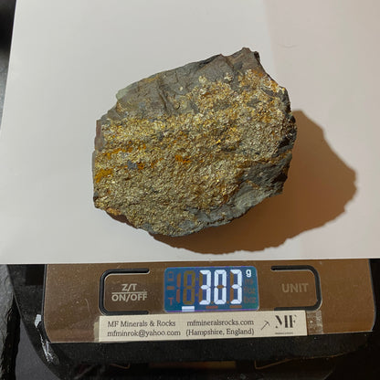 CHALCOPYRITE ON SLATE : CWM-Y-LLAN MINE, SNOWDONIA, WALES. 303g MF4664