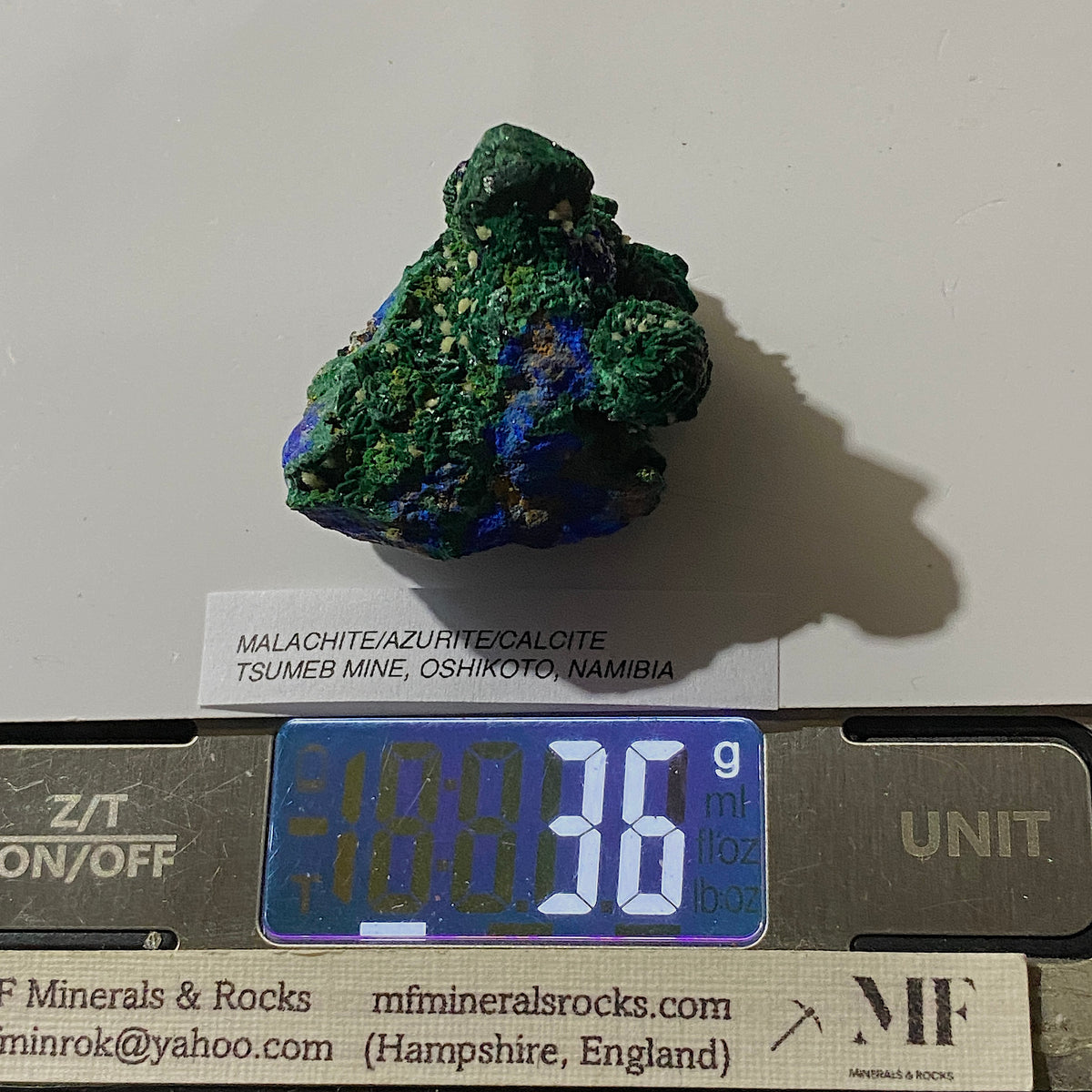 MALACHITE/AZURITE/CALCITE : YSUMEB MINE, OSHIKOTO, NAMIBIA. 36g MF5348