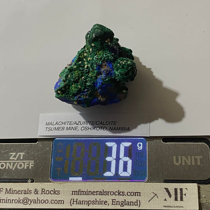 MALACHITE/AZURITE/CALCITE : YSUMEB MINE, OSHIKOTO, NAMIBIA. 36g MF5348