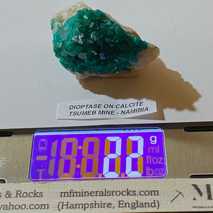DIOPTASE ON CALCITE : TSUMEB MINE, OSHIKOTO, NAMIBIA. 22g. MF5357