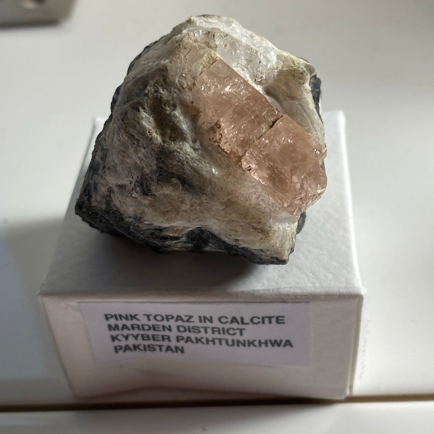 RARE PINK TOPAZ ON CALCITE - KHYBER PAKHTUNKHWA, PAKISTAN. 76g MF3933