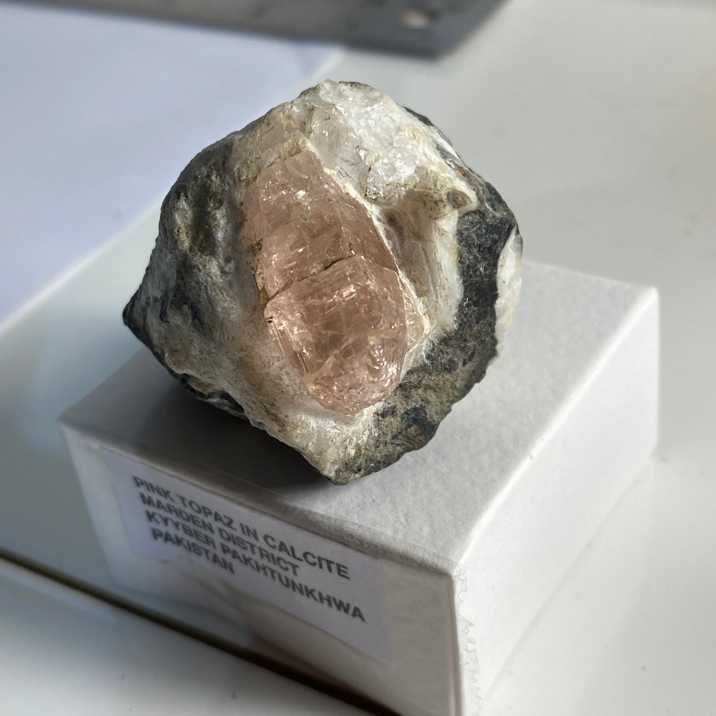 RARE PINK TOPAZ ON CALCITE - KHYBER PAKHTUNKHWA, PAKISTAN. 76g MF3933